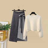 Women Autumn Winter Warm Knitted Two Pieces Sets Korean Long Sleeve Pullover Sweater Top And High Waist Skirts