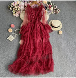 High-End Feel Leaf Edge Mesh Cake Dress Women's Waist Thin Temperament A Word Shoulder Super Fairy Long