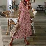 Queens Women Floral Print Short Sleeve Beach Bohemian Maxi Dress Ladies V-neck Boho Sundress