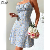 Elegant Floral Print Dress for Women Summer Dresses 2022 New Sweet Sexy Backless Zip Strapless Skinny Mini Slip