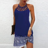 Autumn Halter Neck Leopard Mini Dress Sexy Vintage Vestidos De Fiesta Patchwork Print Sleeveless Beach Casual Dress