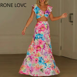 Women All Over Print Floral Pattern Crop Top Hollow Out Ruffles Sexy Maxi Vacation Skirt