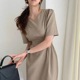 Solid A-line Maxi Dresses for Women Apricot V-neck Short Sleeve Elegant Dress Bow Female Chic Korea Vestidos Summer