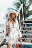 Queens Women Solid Long Sleeve Beach Sexy Hollow Out Bohemian Mini Dress Ladies V-neck Lace Boho Sundress