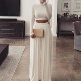 Women Autumn Winter Long Sleeve Crop Tops Straight Wide Leg Long Pants Two Pieces Sets 2020 Falll Clothes