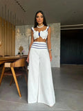 Piece Set With Pants Summer Elegant Solid Women Deep V Square Collar Sexy Short Top Wide Leg Pants Suit Office Lady