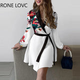 Women Floral Print Colorblock Tied Detail Work Dress Lace Up Dress Women