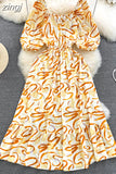 Women Printed Long Dress Vintage V-Neck Puff Short Sleeve A-Line Slim Vestidose Female Elegant Casual Robe New