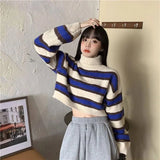 Sweater Women Sexy Cropped Turtleneck Striped Pullovers Streetwear Korean Loose Long Sleeve Knitted Sweater Chic Lady