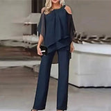 Women Straight Long Pants Outfits Casual Off Shoulder Ruffled Irregular Party Suit Spring Office Commuting Two Piece Set