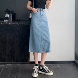 Vintage Slit Denim Skirts Women A Line High Waist Solid Midi Skirt Korean Office Lady Casual All Match Straight Skirts