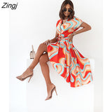 Print Dresses Women Summer Dress YEMOGGY 2022 New Casual V-neck Single Breasted Lace-up Short Flying Sleeve Midi
