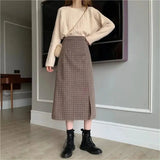 High Elastic Waist Long Skirt Women Y2k Vintage Plaid Split Midi A-Line Skirts Korean 2022 Autumn Winter Wool