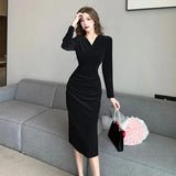Autumn New V-neck Black Velvet Midi Dresses for Women Korean Elegant Fashion Evening Party Prom Long Sleeve Female