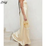 Satin Hollow Out High Slit Women Dress Green Sexy Backless Spaghetti Strap Dress Summer Slim Fashion Party Clubwear
