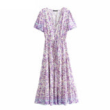 Queens Women Purple Floral Print Beach Bohemian Rayon Maxi Dresses Ladies V Neck Button Boho Pleated Dress