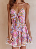 Queens Women Floral Print Sleeveless Beach Bohemian Dresses Ladies Bow Tie Strapless Boho Mini Dress