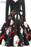 Women Christmas Dress Long Sleeve Vintage Elegant V Neck Print Big Swing Party Xmas New Year Winter Clothes S~3XL