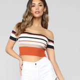 And Summer Explosion Of Women's Stripes Lace Bare Back Shoulder Leakage Collarbone Short T-Shirt Women's