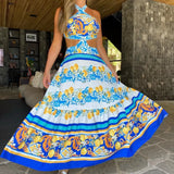 Bohemian Sexy Printed Women Dresses Halter Sleeveless Backless Naked Waist Long Dress Fashion Summer Beach Holiday