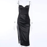 Satin Spaghetti Strap Madi Dress For Women Summer Sleeveless Backless Bodycon Long Dresses Solid High Split