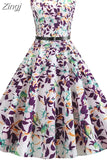 Women Summer Floral Beach Sleeveless Party Midi with Belt Elegant Vintage A Line