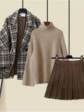 Winter Warm Clothes For Women French Vintage Notched V Neck Plaid Woolen Coats+knitted Sweater+pleated Skirts 3 Piece
