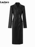Spring Autumn Long Black Fitted Soft Pu Leather Trench Coat for Women with Shoulder Pads Luxury Designer Clothing