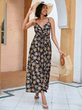 Summer Boho Elegant Party Dress Women V Neck Print Maxi Long Dress Spaghetti Strap Flower Dresses for