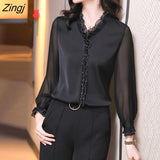 2022 Spring New Office Lady Long Sleeve Pullovers Lace Ruffles Chiffon Shirts Women's Clothing Vintage Elegant Blouse