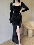 Sexy Party Dresses Women Winter Black Evening Elegant Long Dress Ladies France Vintage Split Fishtail Vestidos