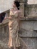 Women Elegant Print Evening Party Prom Dress Summer New Vintage Spaghetti Straps Graduation Vestido Korean Chic Bodycon