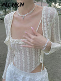 Y2K Aesthetics Cute Ruffles Trim Bandage Lace 2 Piece T-shirts 2000s Fashion Long Sleeve Covers and Camis Sweet