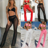 Sexy Women Beach See-through Mesh High Waist Elastic Sheer Wide Leg Pants Trousers Boho Bikini Cover Up