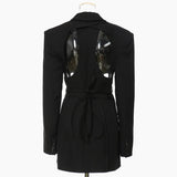 2022 Autumn New Arrivals Turn Down Collar Back Hollow Out Drawstring Long Slim Blazer Women Black Coat