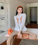 Vintage White Rabbit Button Up Shirt For Women Animal Print Long Sleeve Top Collared Shirt Kawaii Cute Blouse Fall