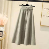 Knitted Midi Skirts Women High Waist Pleated A Line Skirt Korean Elegant Autumn Winter Lace Up Bandage Slim Casual