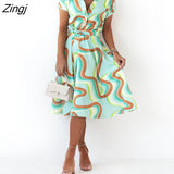 Print Dresses Women Summer Dress YEMOGGY 2022 New Casual V-neck Single Breasted Lace-up Short Flying Sleeve Midi