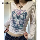 Print Butterfly T Shirt Women Clothes Long Sleeve Streetwear Grunge V Neck T-shirt Vintage AutumnHarajuku Tops
