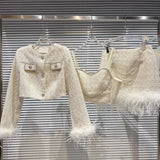 Autumn Long Sleeve Round Neck Feathers Diamonds Buttons Coat Camisole Short Skirt Three Piece Set Women Outfits