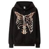 Gothic Streetwear Skeleton Print Oversize Hoddie Women Punk Harajuku Hip Hop Zipper Sweatshirt Female Mall Goth