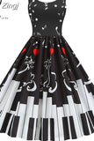 Music Note Print Women Party Dress Summer Spaghetti Strap Black Slim Vintage A-line Robe Valentine's