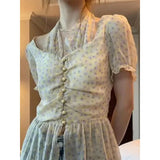 Sweet Floral Dress Women Streetwear Slit Sheer Halter A Line Midi Dresses Korean Summer Holiday Slim Casual Thin