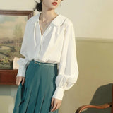 4Xl Sweet Chiffon Shirts Women Korean Turn Down Collar Lantern Long Sleeve White Blouses Vintage Elegant Solid Loose