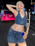 Y2K Aesthetics Button Up Denim 2 Piece Sets 2000s Sexy V-neck Halter Tops and High Waist Jean Skirt Co-ord Suits
