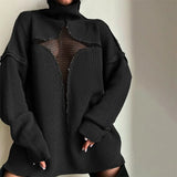 Y2K Knitted Pullover Loose Autumn Winter Turtleneck Top Outfits Black 2022 Hollow Out Oversized Jumper Women