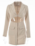Autumn Long Sleeve Blazer Dress For Women Khaki Notched Collar Hollow Out Button Dresses Bodycon Party Mini