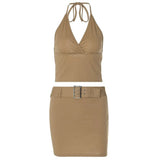 90s Vintage Streetwear Deep V Halter Tops and Micro Skirts Co-ord Sets Y2K Sexy Backless Belted 2 Piece Khaki Suit