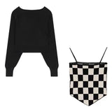 Gothic Irregular Women T-shirt Knitted Black Pullove+checkerboard Camis Tank Tops Y2k Korean Style Autumn Tee