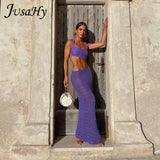 Elegant Knitted Autumn Two Pieces Sets for Women Sleeveless Square Neck Crop Top+Maxi Skirts Matching Outfits